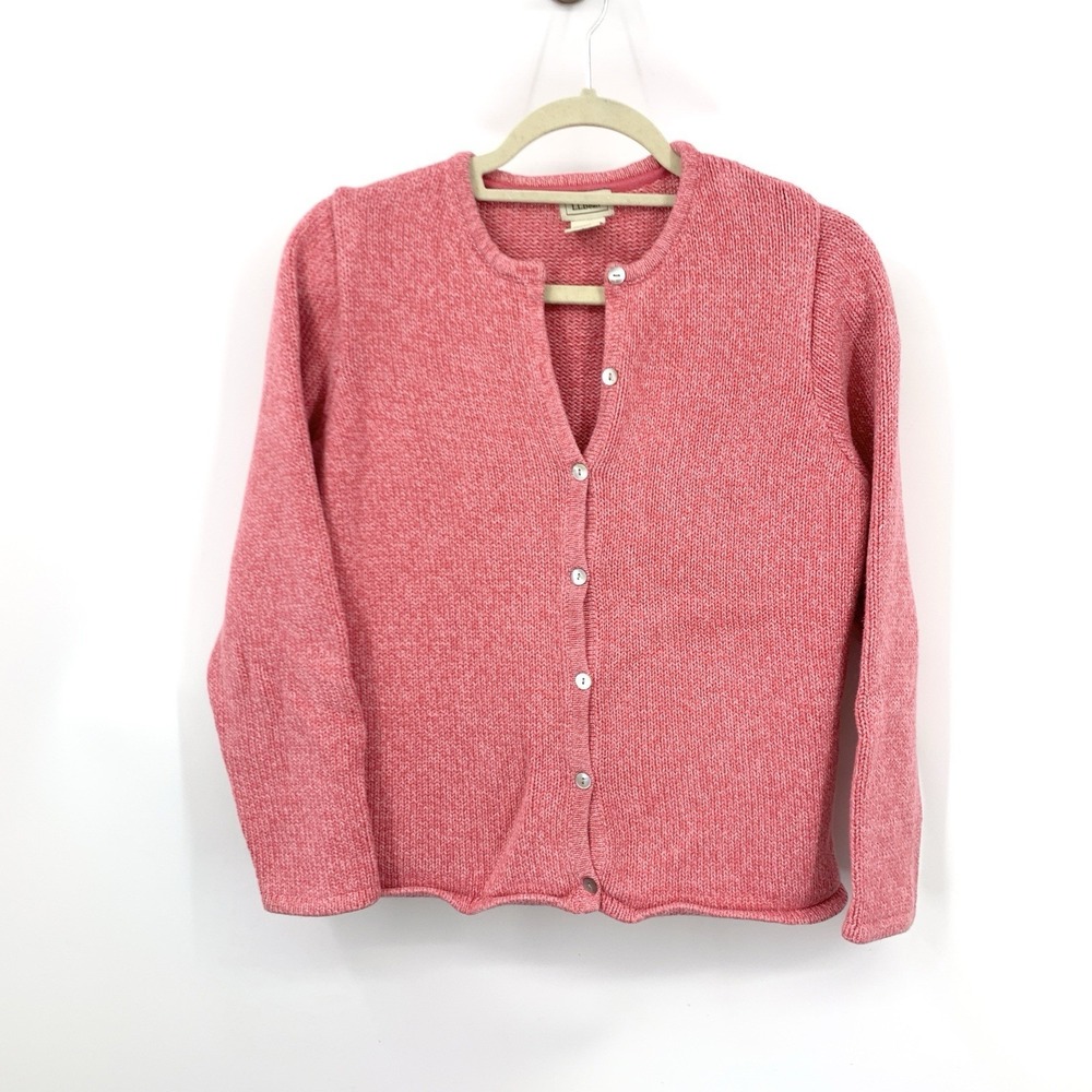 LL Bean Women Size Medium Sweater Cardigan Pink Cotton Knit Top Button Front